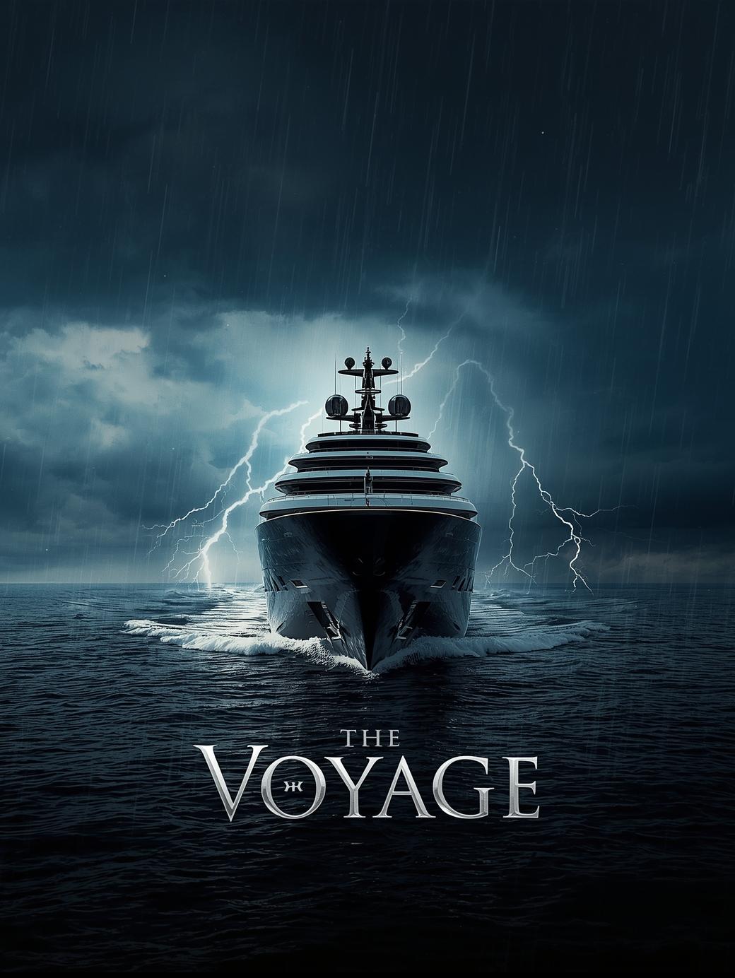 create a Movie Poster include a 400 foot mega yacht in the open ocean , a small storm with lightning on the horizon. Place the title of the movie _The Voyage_ in the center